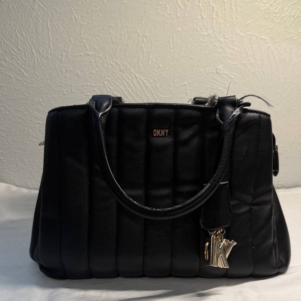 DKNY Black Quilted Leather Top-Handle Satchel with Gold Charm